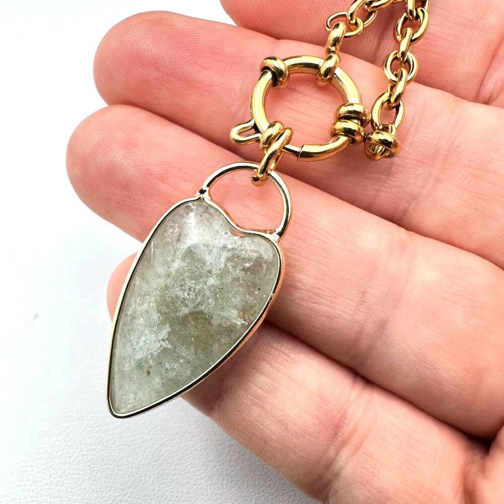 Aventurine Gemstone Heart Evil Eye Pendant Necklace 18K Gold Plated Chain 19" - Picture 4 of 9